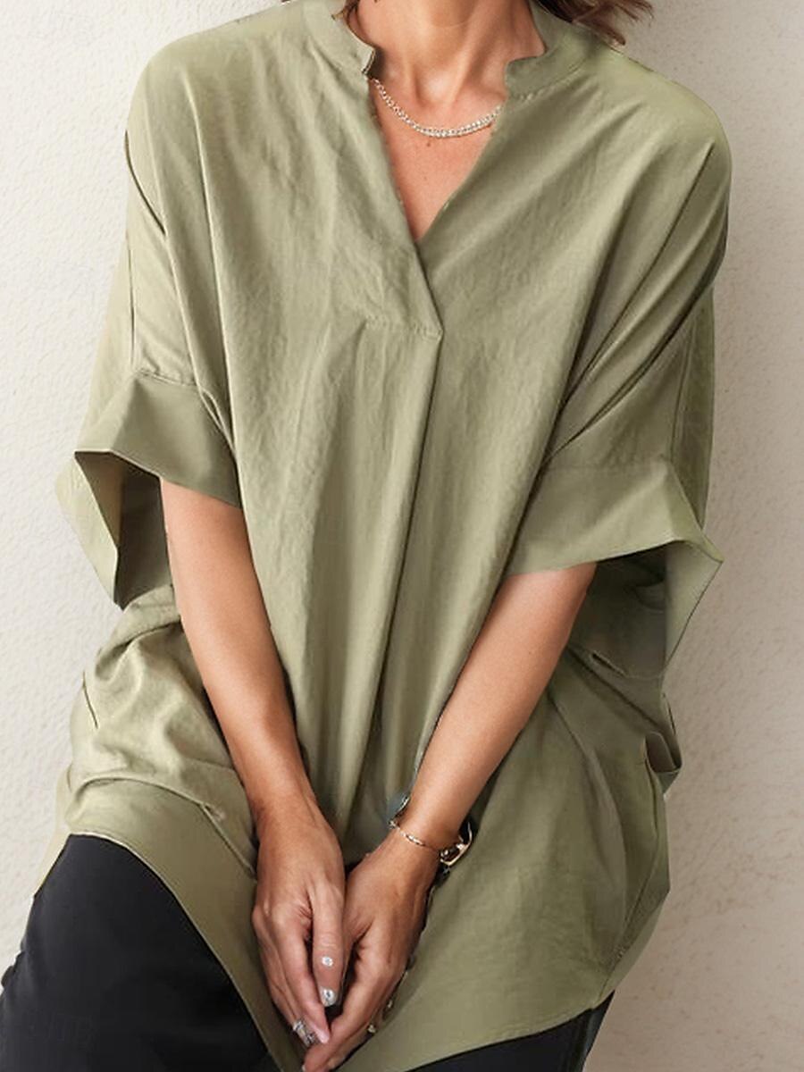 damebluse elegant stilig ensfarget rynket flaggermus-erm 3/4 lengde erme med hakk i halsen arbeid daglig hvit marineblå brun brun grønn sommer vår høst 2025 - $26.99 –P8