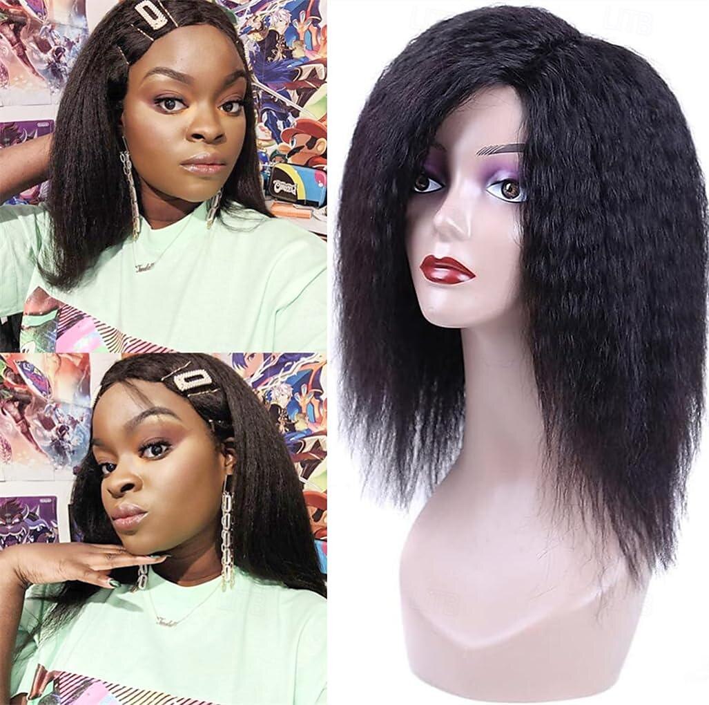 Human Hair Wig Short Medium Length kinky Straight Yaki Straight Side Part With Bangs Black Natural Color Natural Black Women Adjustable Thick Machine Made Capless Brazilian Hair All Natural Black #1B 2025 - $87.99 –P1
