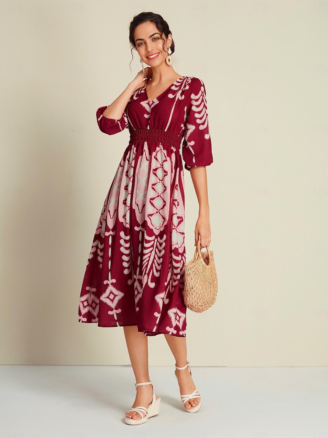 Dámské Volné šaty Resort Wear Midi šaty Cihlově červená Poloviční rukáv Folk Potisk Jaro léto Do V prázdniny Běžné Denní S M L 2025 - $108.99 –P4