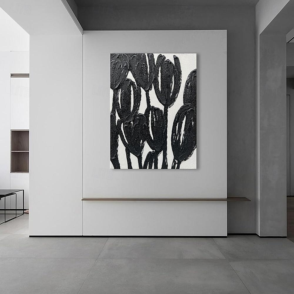 handgemaakte olieverf canvas kunst aan de muur decoratie abstracte textuur zwart-witte bloemen voor huisdecoratie gerold frameloos ongerekt schilderij 2025 - $54.99 –P4