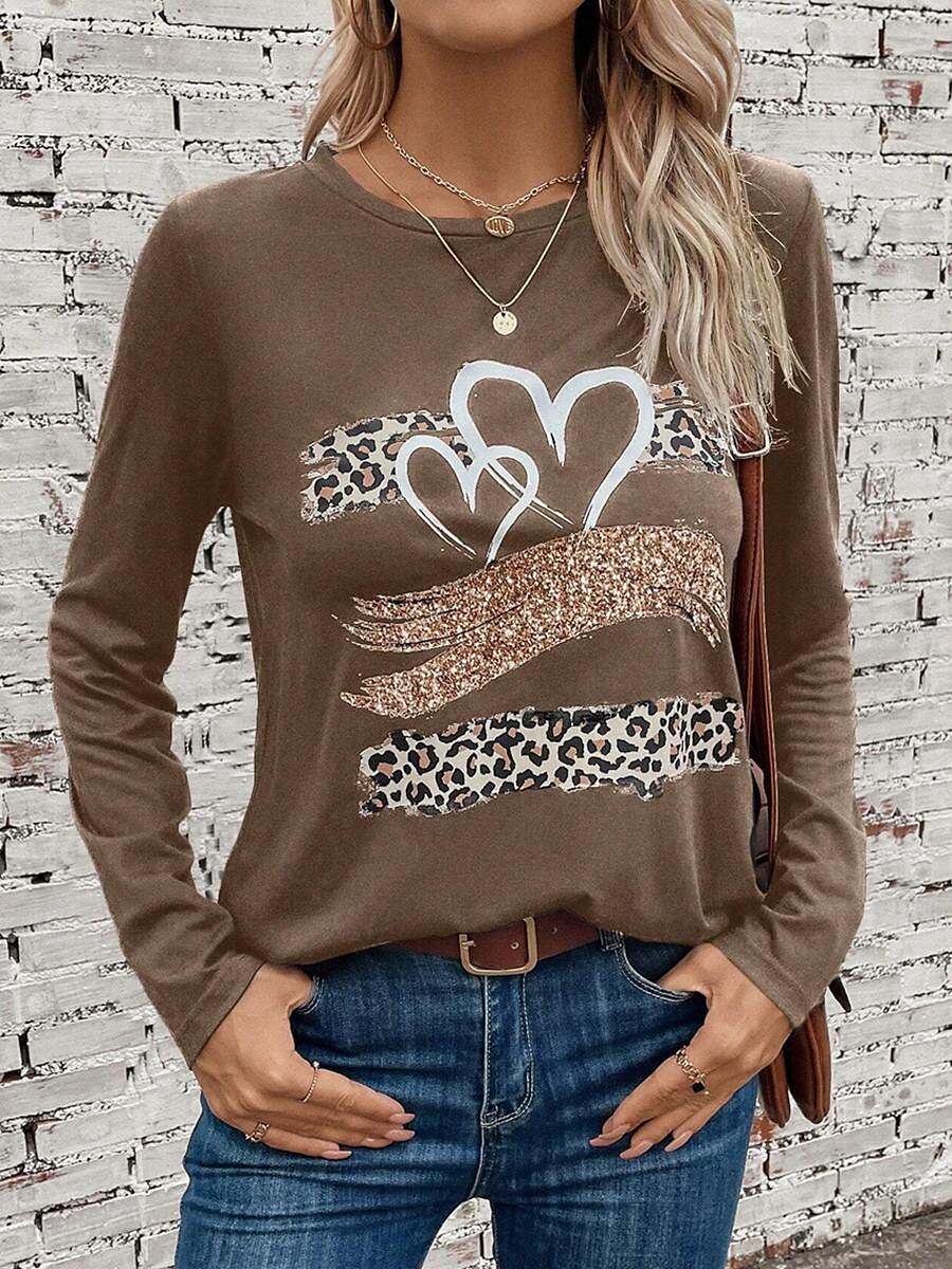 Women's T Shirt Casual Heart Print Long Sleeve Regular Tops Crew Neck Daily Brown Spring Fall 2025 - $22.99 –P1