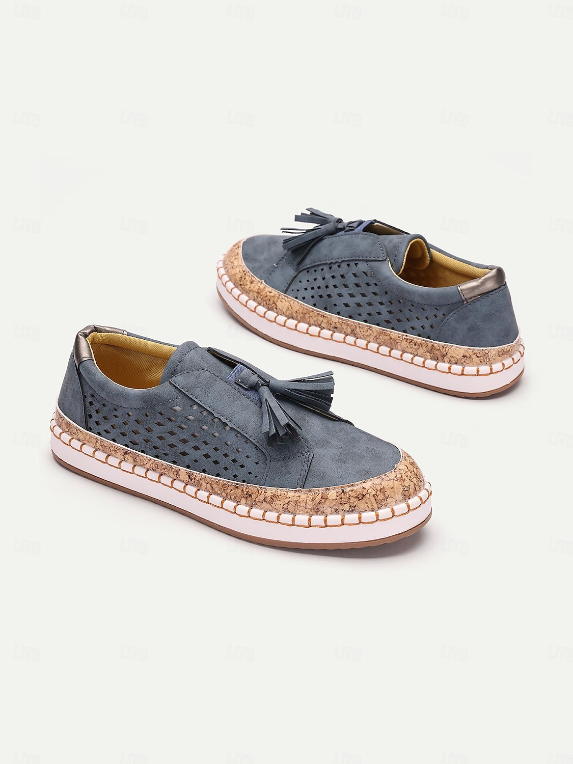 dámské ležérní střapcové mokasíny – modré semišové slip-on boty s perforovaným designem a korkovou podrážkou, pohodlné na léto i každodenní nošení 2025 - $26.99 –P2