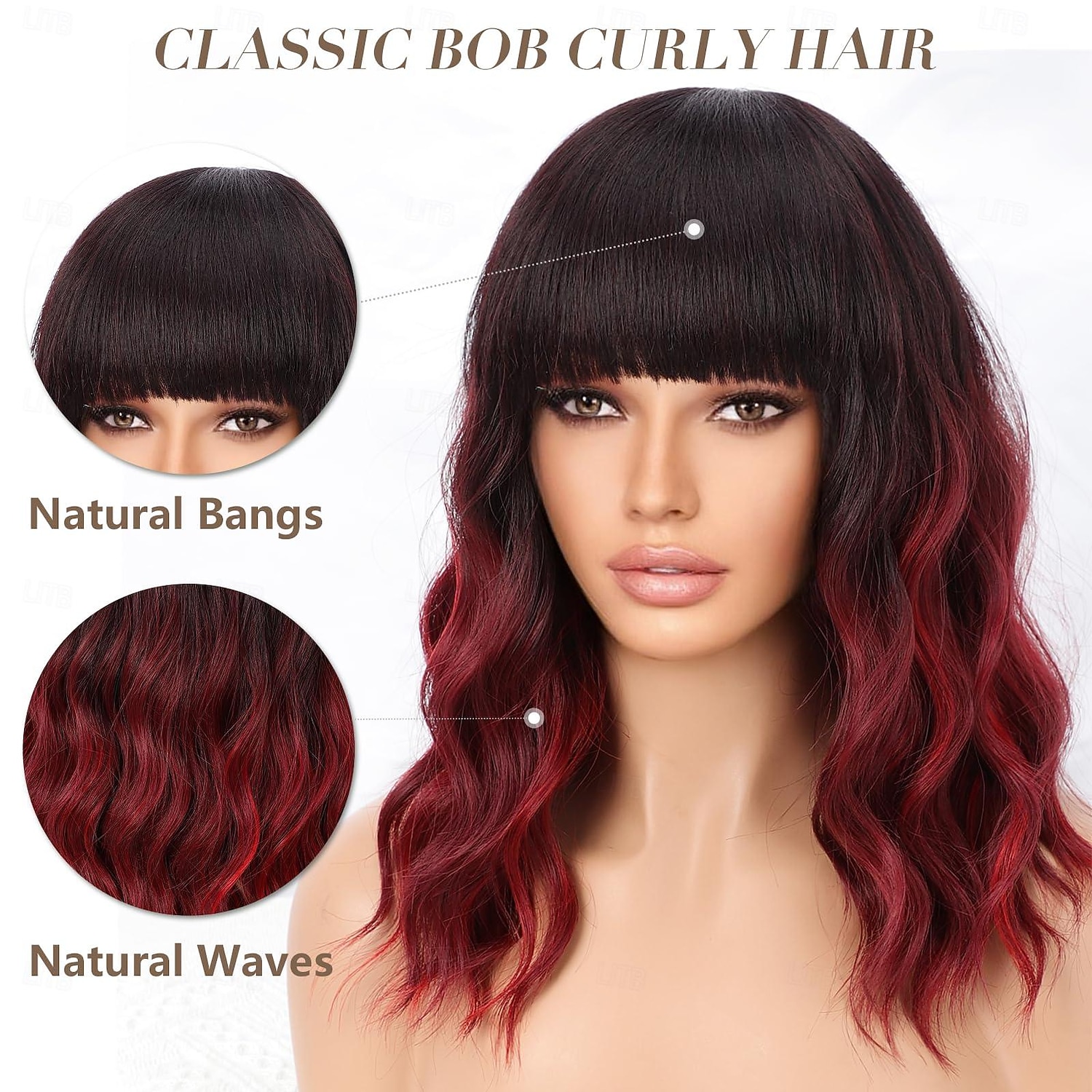 Women Brown Heat Resistant Wavy Curly Cosplay Halloween Bob Party Wig Amazon.com : Wiwige Short Curly Light Brown Wig with Bangs  main image 2