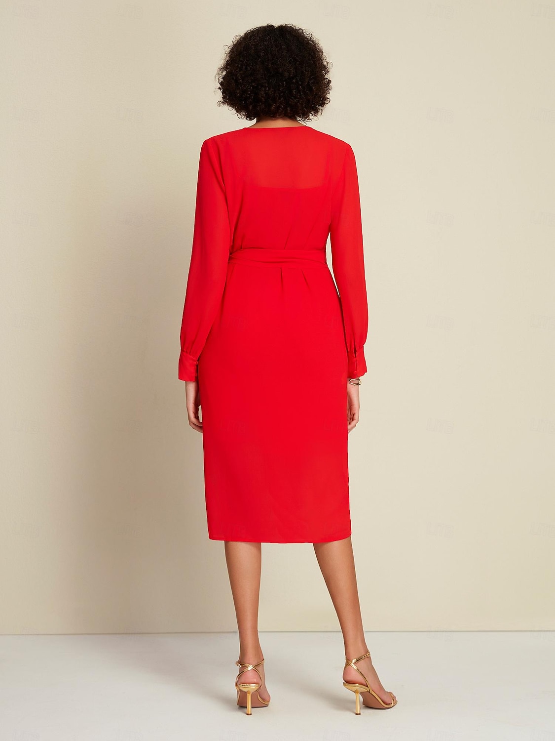 فستان شيفون أحمر سادة لحفلات الزفاف/حفلات الضيوف برباط أمامي ملفوف بأكمام طويلة طقم فستان لإبهار 2024 2025 - $97.99 –P6