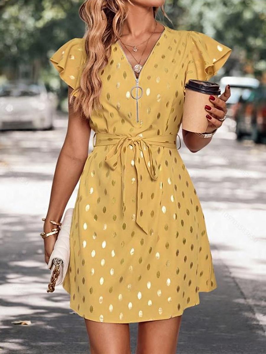 robe décontractée pour femme à pois, fermeture éclair, imprimé, col en V, mini robe élégante, décontractée, rendez-vous quotidien, manches courtes, été de 2025 ? $41.99 –P2