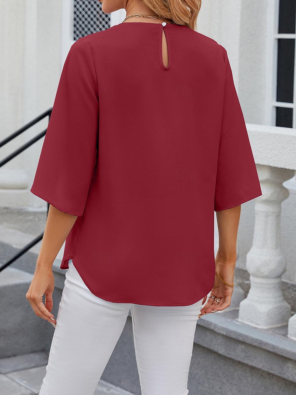 Shirt Blouse Women's White Pink Wine Plain Sexy Street Daily Fashion Round Neck Regular Fit S 2025 - $29.99 –P14