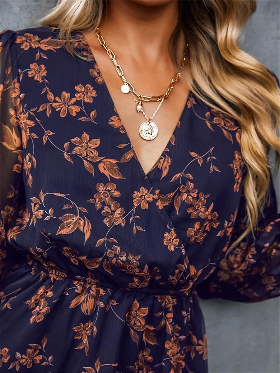 Damen Freizeitkleid formelles Kleid Blumendruck V-Ausschnitt Minikleid stilvoll lässig täglich Date Langarm Sommer 2025 - $33.99 –P13