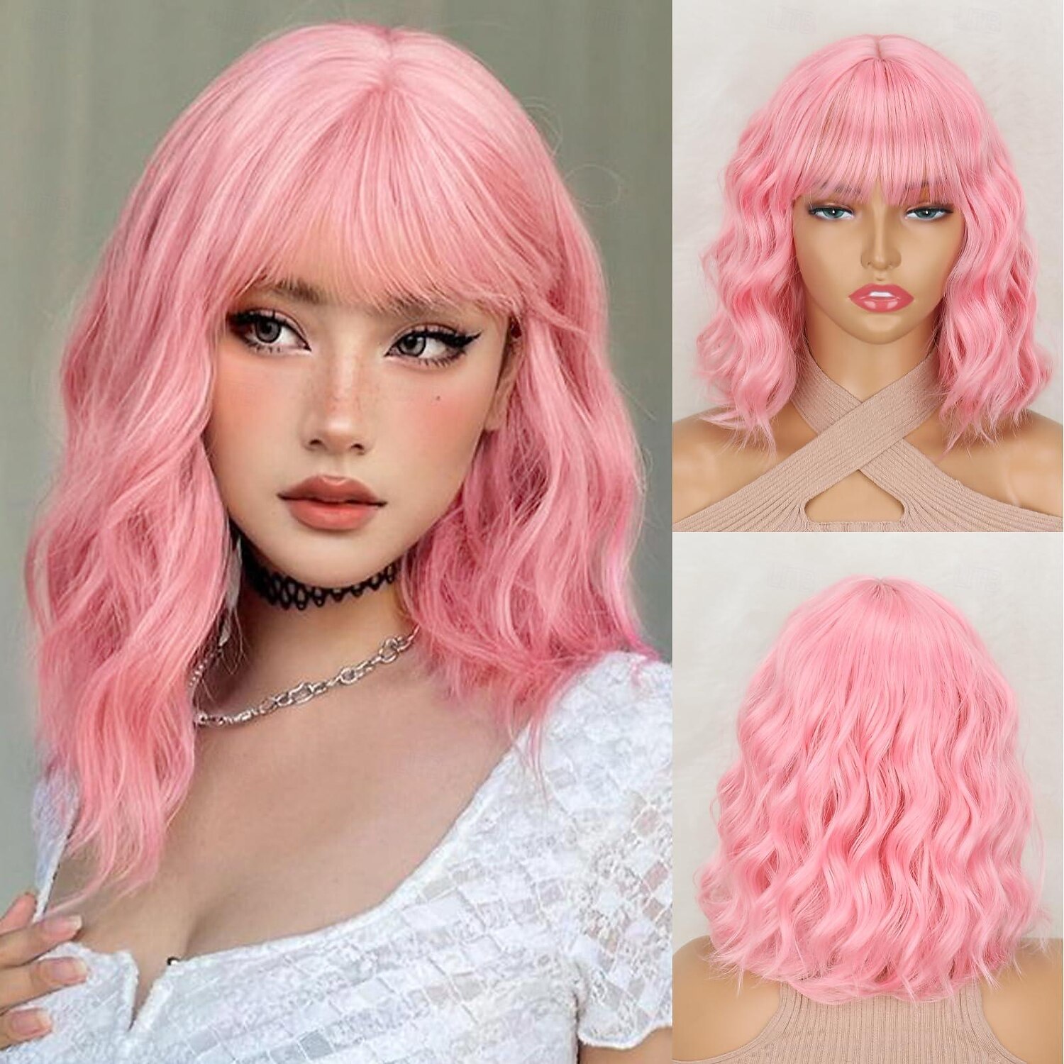 Parrucche Corte con Frangia Parrucche Corte per Donne Parrucca Sintetica Ondulata Lunghezza Spalla per Halloween feste Cosplay del 2025 a $18.49 –P1