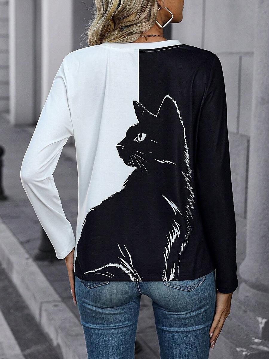 Per donna maglietta Color Block Gatto Di tendenza Manica lunga A V Top regolari Giornaliero Stampa Bianco / Nero Primavera & Autunno del 2025 a $22.99 –P2