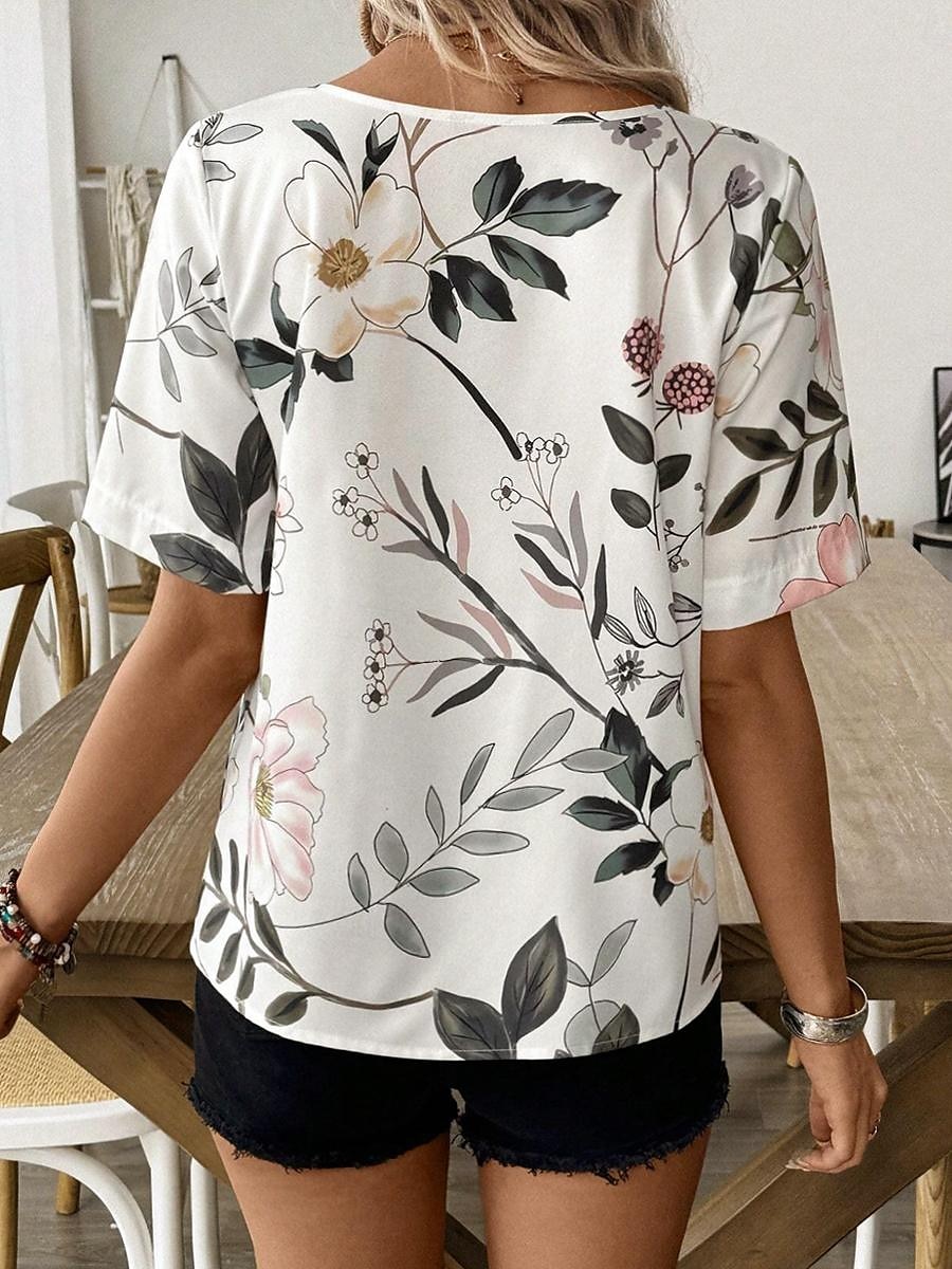 Kvinnes Skjorte Bluse Elegant Blomstertrykk Kort Sleeve Vanlige Topper Crew Neck Daglig Lin Som Lys Grønn Sommer 2025 - $22.99 –P4