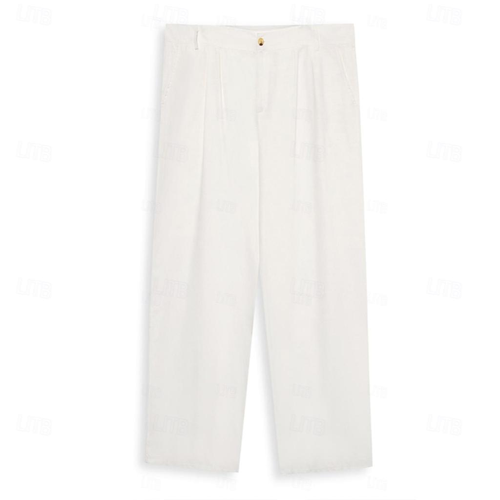 Men's Dress Pants Linen Pants Trousers Summer Pants Beach Pants Front Pocket Pleats Straight Leg Plain Comfort Breathable Full Length Casual Daily Holiday Fashion Basic Black White Micro-elastic 2025 - $25.99 –P2