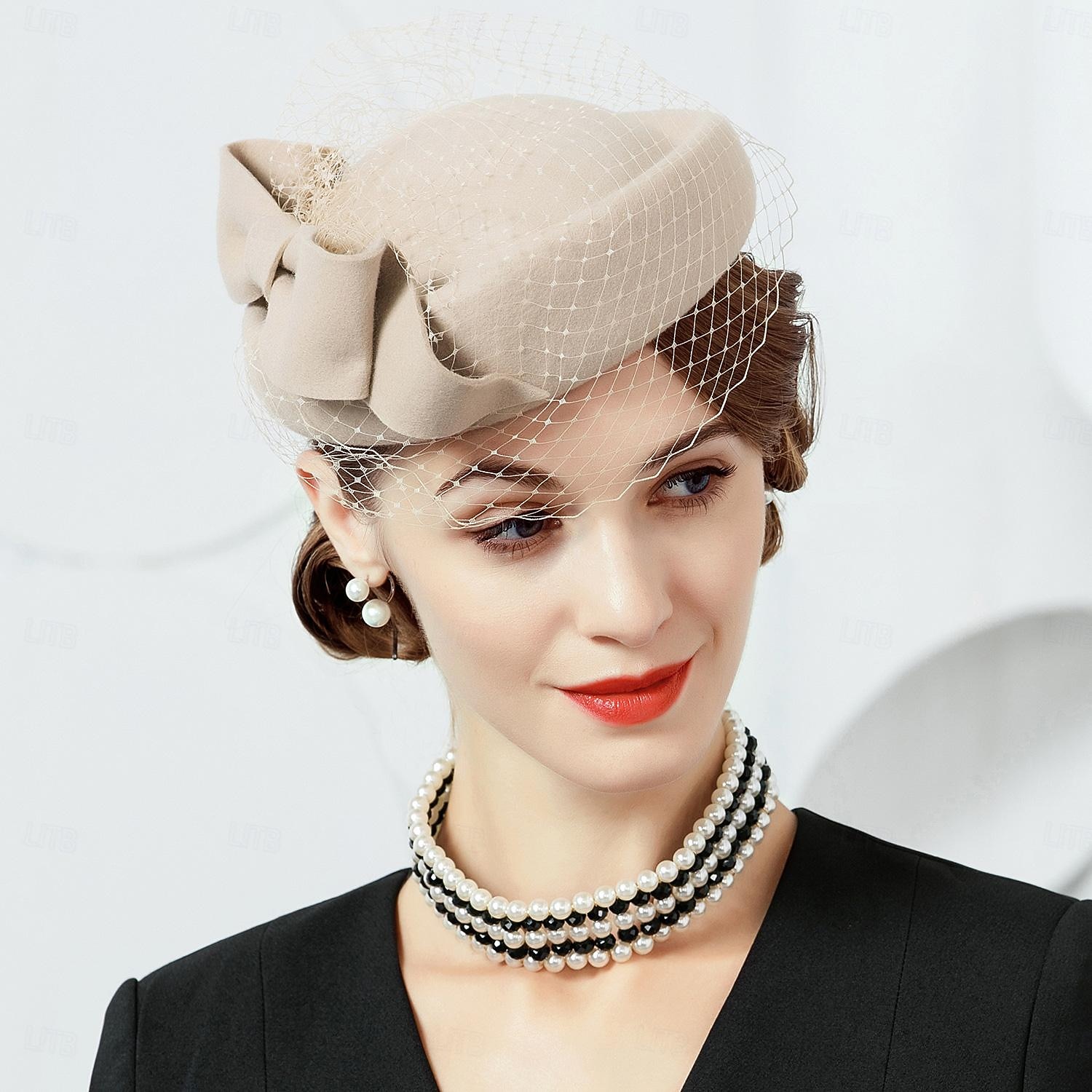 Kapelusze 100% wełna beret kapelusz fedora ślub koktajl elegancki ślub z czystym kolorem tiulowe nakrycie głowy nakrycia głowy 2025 - $33.99 –P5