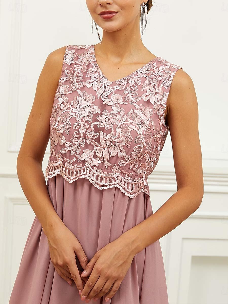Per donna Abito linea A Chiffon Pizzo Con balze A V Manica corta Vestito longuette Invitati del matrimonio Cocktail party Elegante Da cerimonia Rosa Estate del 2025 a $49.99 –P6