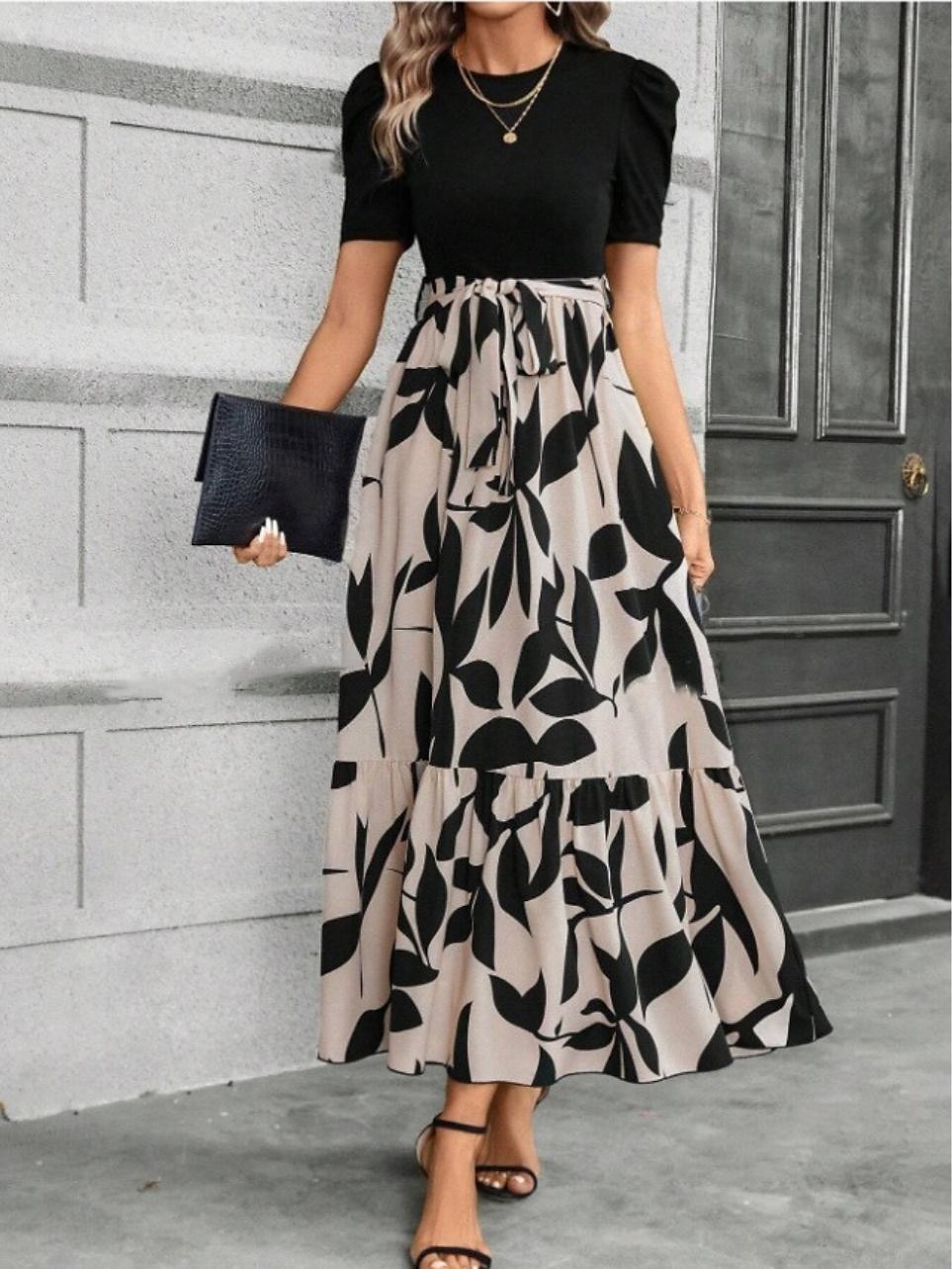 Damen Maxidress A Linie Kleid Elegant Stilvoll Arbeit Täglich Regular Fit Farbblock Kurzarm Rundhalsausschnitt Schwarz Sommer 2025 - $39.99 -P1