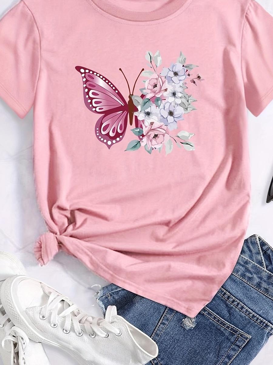 Women's T Shirt Butterfly Casual Short Sleeve Crew Neck Regular Tops Daily Print Pink Summer 2025 - $34.99 –P1