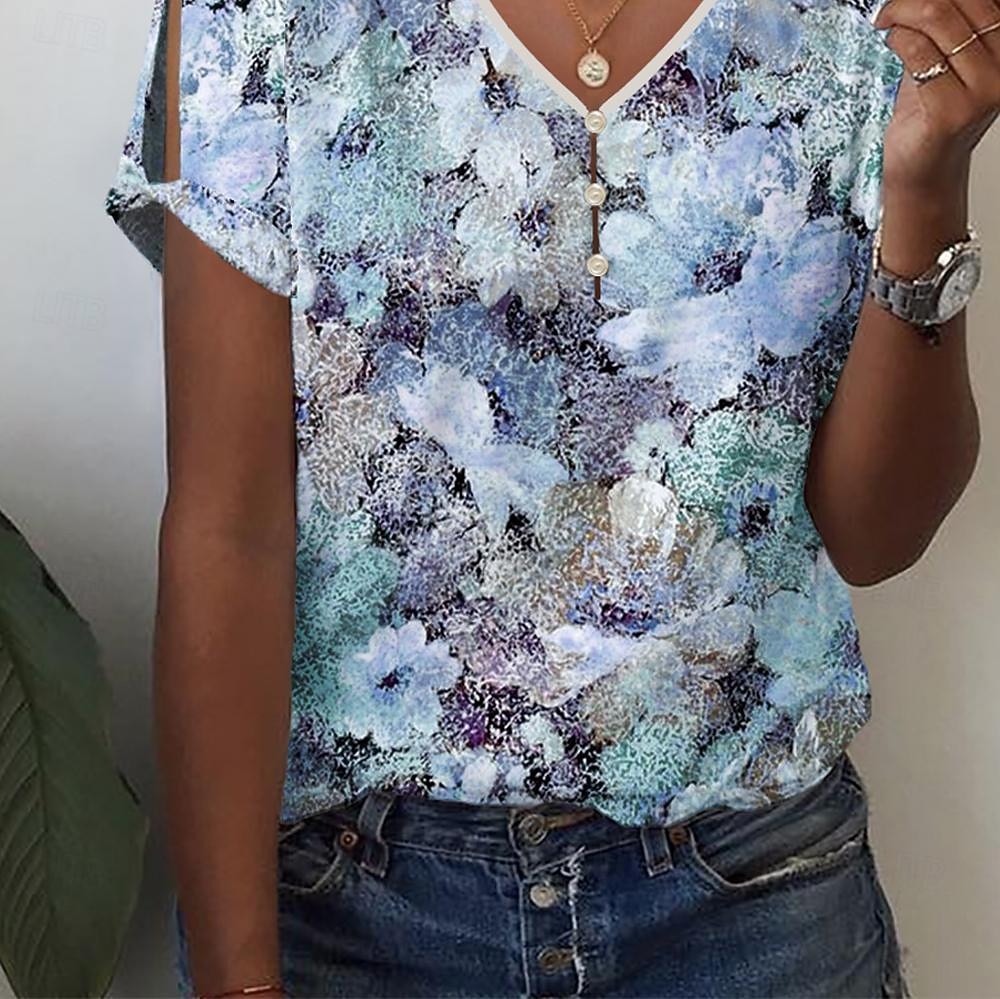 Women's T Shirt Floral Basic Short Sleeve V Neck Regular Tops Holiday Weekend Cut Out Buttons Print Yellow Pink Blue Green 2026 - $38.99 –P6