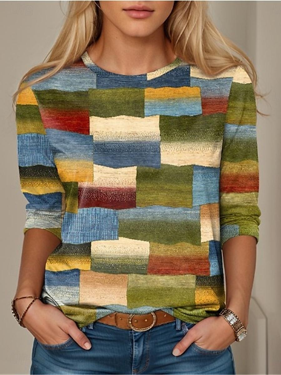 Women's T Shirt Color Block Geometry Fashion Modern Long Sleeve Crew Neck Regular Tops Vacation Daily Print Pink Blue Dark Green Green Spring & Fall 2025 - $28.55 –P1