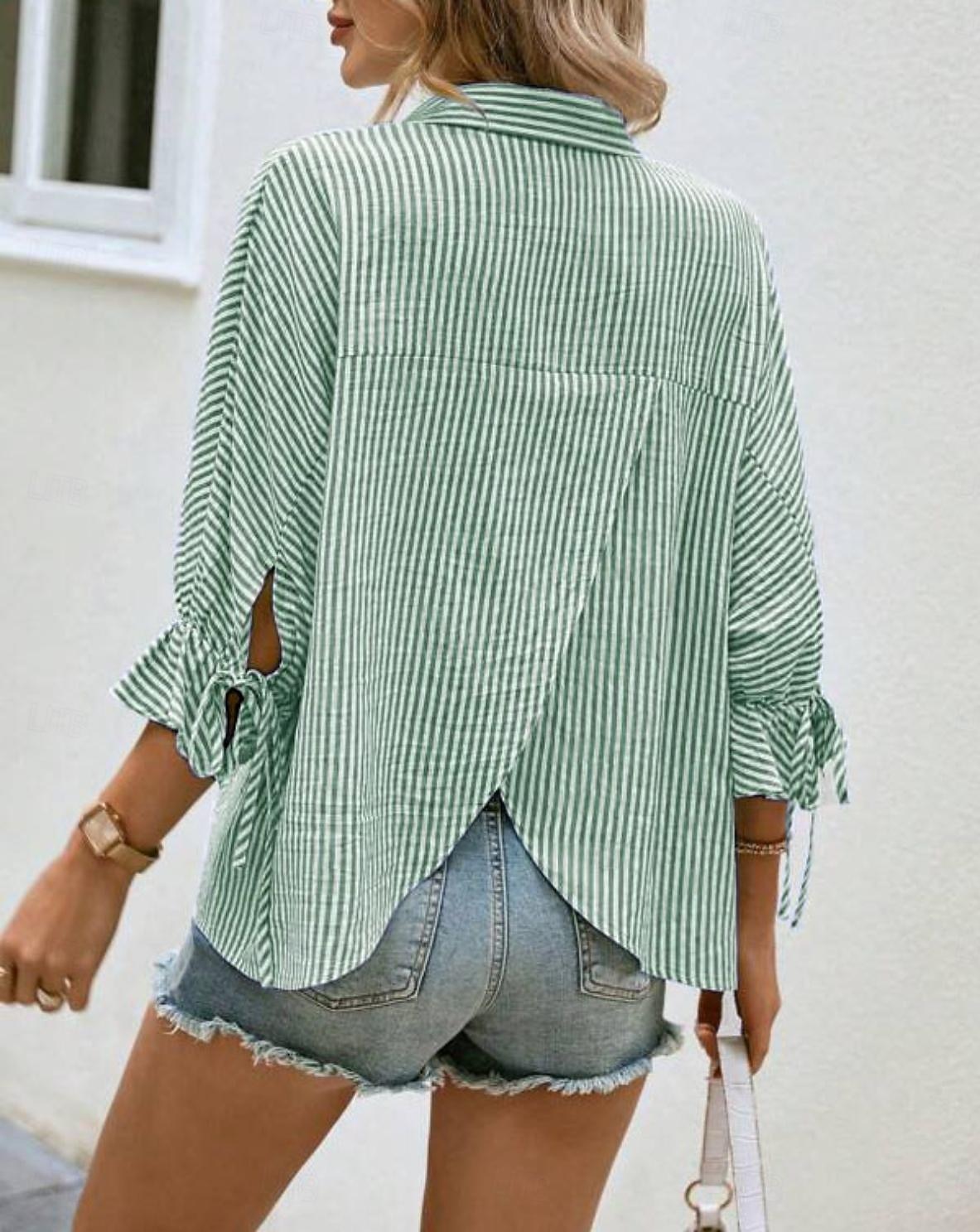 Per donna Camicia Asimmetrico A righe Elegante Moderno Manica 3/4 Manica a Balze Colletto a Camicia Lavoro Blu Verde Estate Primavera Autunno del 2026 a $23.99 –P4