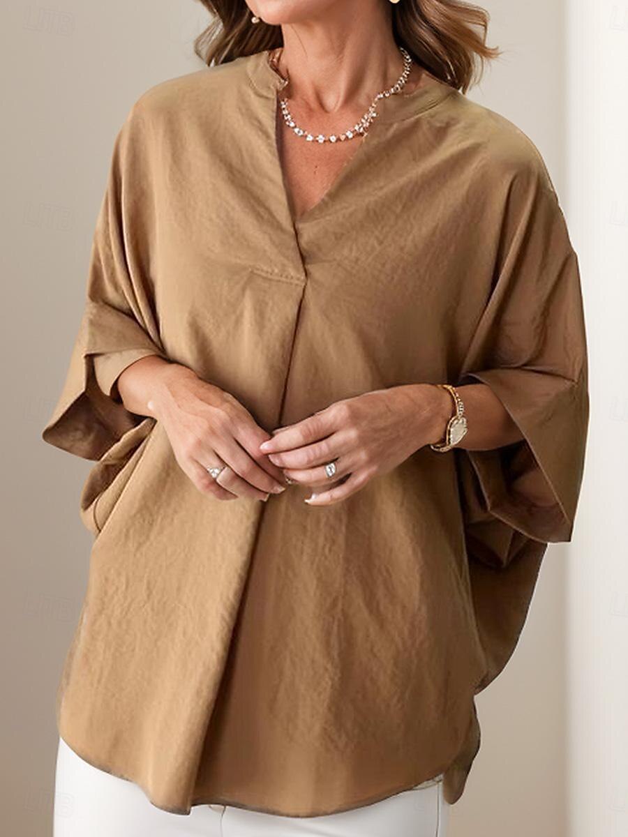 damebluse elegant stilig ensfarget rynket flaggermus-erm 3/4 lengde erme med hakk i halsen arbeid daglig hvit marineblå brun brun grønn sommer vår høst 2025 - $26.99 –P1