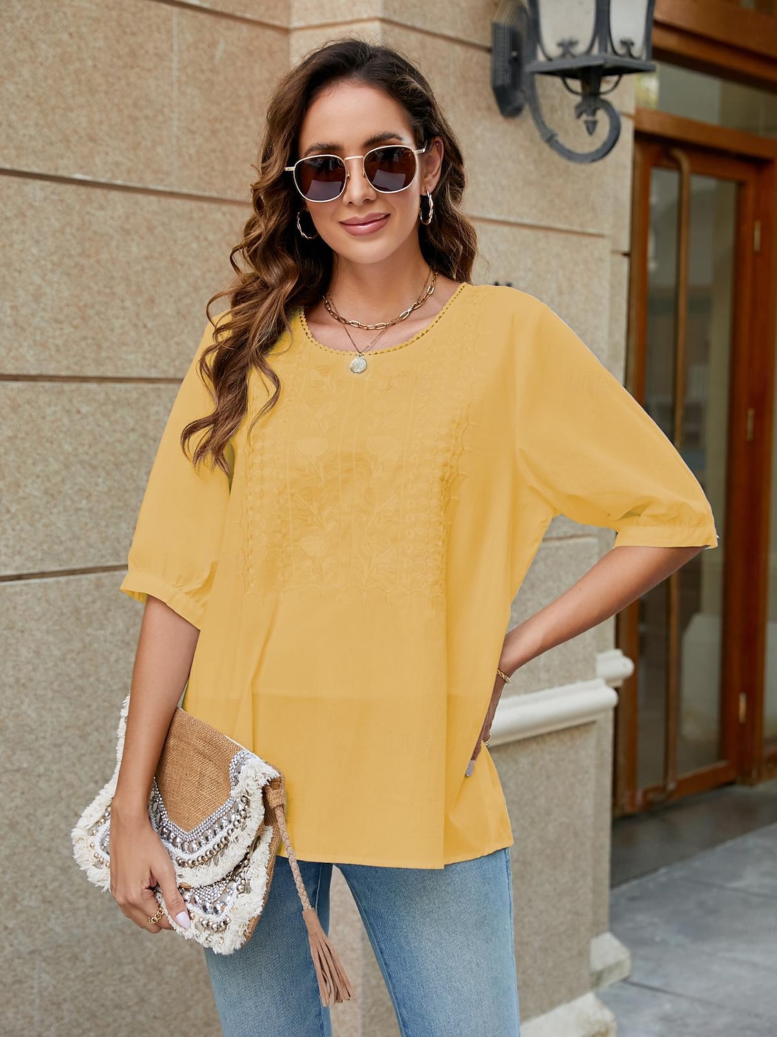 Femmes Chemise Chemises inspirées du lin Couleur Unie Fleuri Occasionnel Boho Manche 3/4 Manches au coude Col ras du cou Hauts Réguliers Vacances Soirée Quotidien Broderie Blanche Jaune Kaki Automne de 2025 ? $32.99 –P13