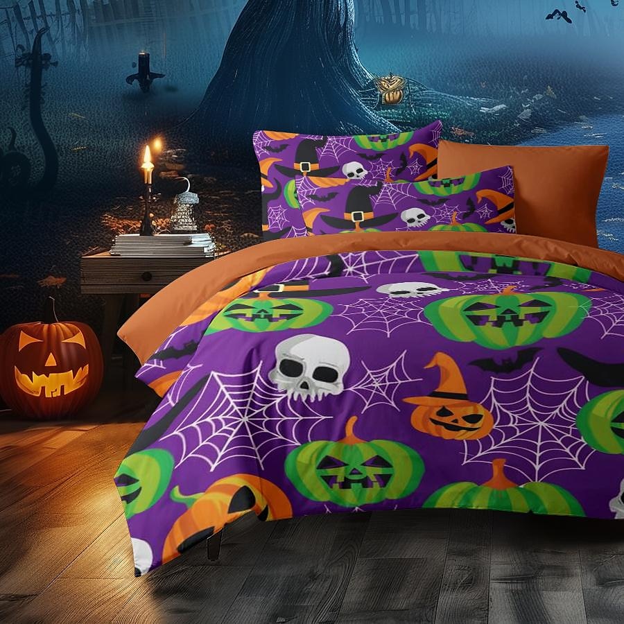 set copripiumino collezione halloween set 3 pezzi jack o lantern zucca super morbido delicato sulla pelle di lunga durata del 2025 a $41.99 –P8