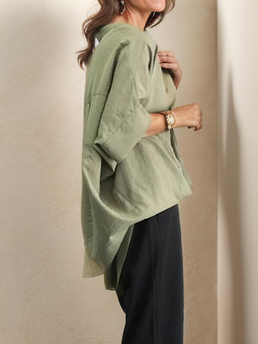 damebluse elegant stilig ensfarget rynket flaggermus-erm 3/4 lengde erme med hakk i halsen arbeid daglig hvit marineblå brun brun grønn sommer vår høst 2025 - $26.99 –P9