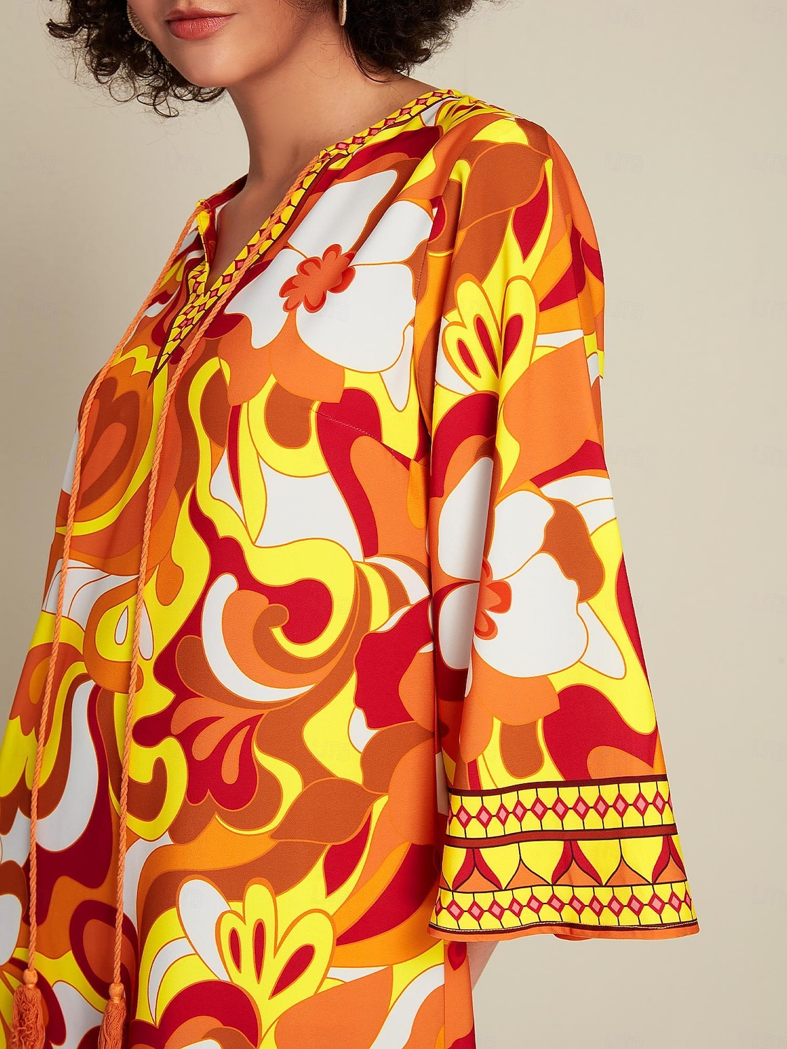 Abito midi con scollo a V e maniche a 3/4 con cravatta in raso sul davanti del 2026 a $20.69 –P5