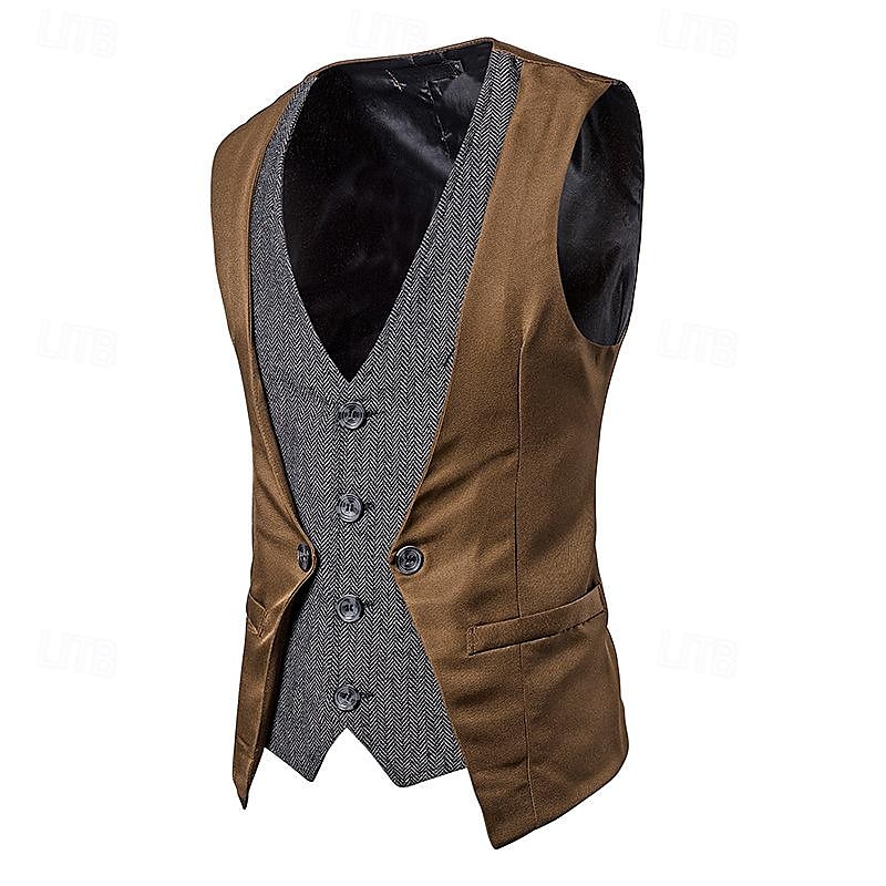 Men's Vest Gilet Wedding Event / Party Daily Fashion Business Spring & Fall Patchwork Button 2 in 1 Polyester Comfortable Color Block Single Breasted One-button V Neck Regular Fit Black Navy Blue 2025 - $29.99 –P5