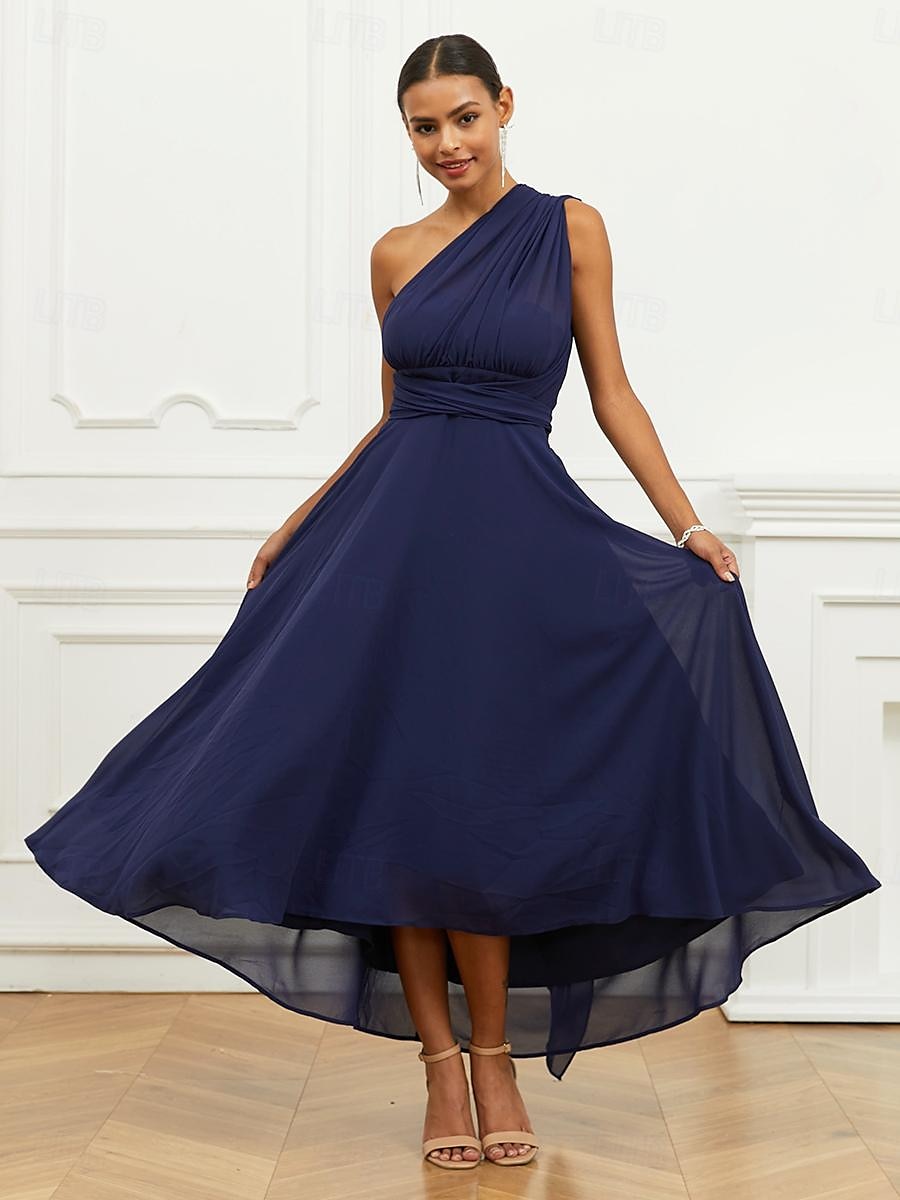 Robe Trapèze Femme Robe mi-longue Ruché Ceinturé robe demoiselle d honneur Soirée Cocktail Elégant Grande occasion Une Epaule Sans Manches Ample bleu marine S M L XL 2XL de 2025 ? $63.99 –P1