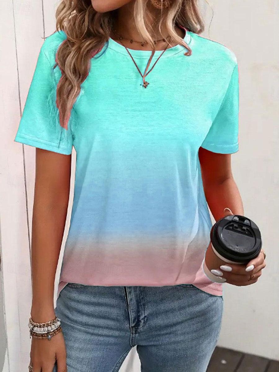 dame t-skjorte uformell gradient print kortermet vanlige topper rund hals daglig blå lilla grønn regnbue sommer 2025 - $19.99 –P6