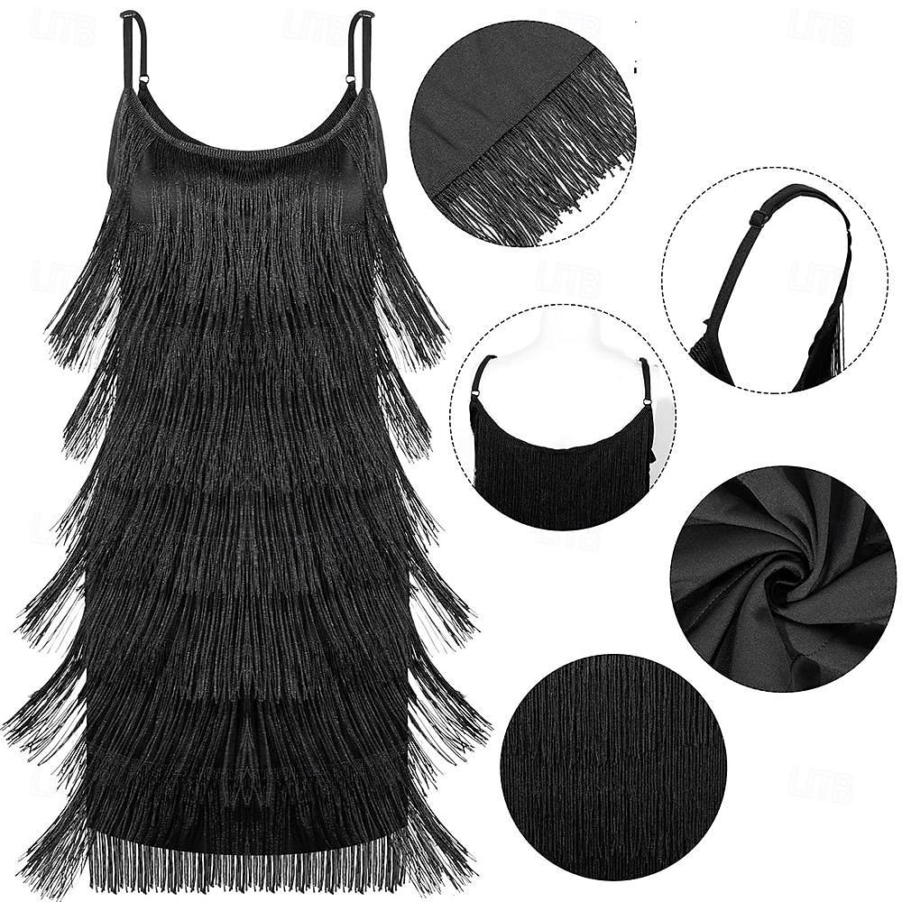 Rugido 20s 1920s Hasta la Rodilla Vestidos Vestido Flapper Accesorios Sin Mangas El gran Gatsby charlestón Invitado a la boda Borlas Pluma Camiseta con cuello redondo Disfraz Mujer Navidad Año Nuevo 2026 - $58.99 –P4