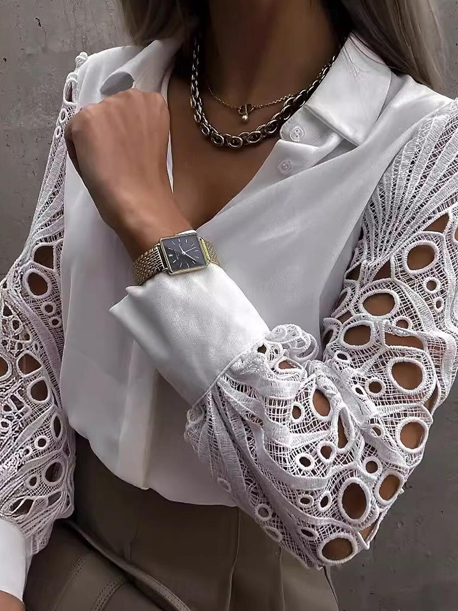 Per donna Camicia Top eleganti Tinta unica Liscio Moda Moderno Manica lunga Rimborsate Colletto Ufficio Pizzo Occhiello Nero Bianco Estate Primavera Autunno del 2025 a $26.99 –P4