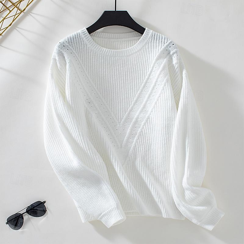Damen Pullover Stilvoll Feste Farbe Gerippt Rundhalsausschnitt Strick Laternenärmel Langarm Lange Oberteile Stricken Arbeit Täglich Weiß Beige Herbst Winter 2025 - $51.99 –P6