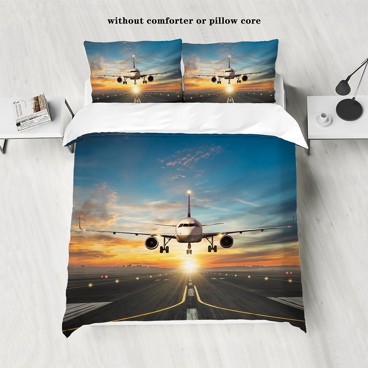 Bettbezug-Set mit Flugzeug, Himmel, Sonnenuntergang, Landebahn – enthält Bettbezug und Kissenbezüge – atemberaubendes Flugzeug- und Sonnenuntergangsdesign – weicher und bequemer Stoff 2026 - $48.99 –P5