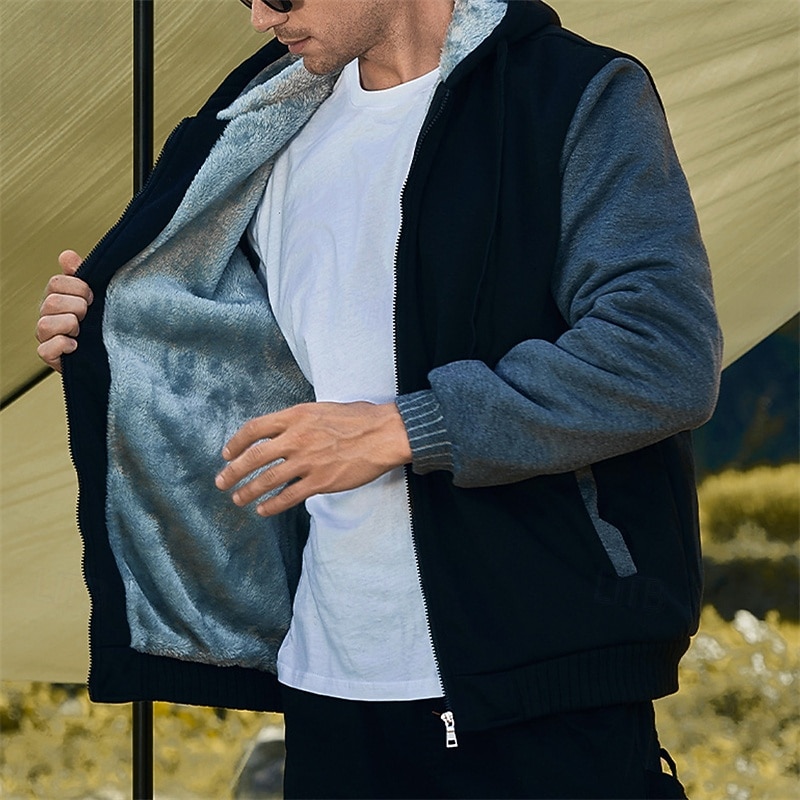 Муж. Толстовка с капюшоном на молнии Балахон на молнии Флисовая жилетка Черный Синий Светло-серый Темно-серый Капюшон Контрастных цветов Застегнуться Пэчворк Карман 2026 - $53.99 –P5