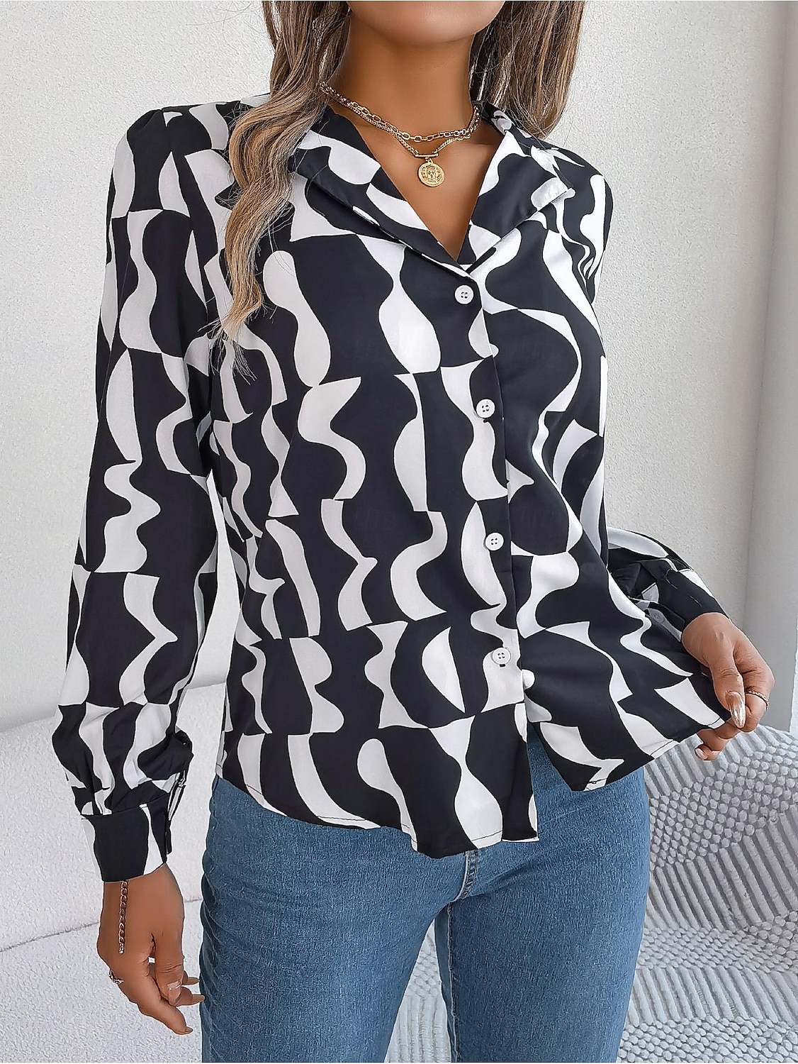 Dame Skjorte Bluse Fargeblokk Stilfull Moderne Langermet Skjortekrage Arbeid Knapper Svart Brun Kakifarget Vår Høst 2025 - $29.99 –P5