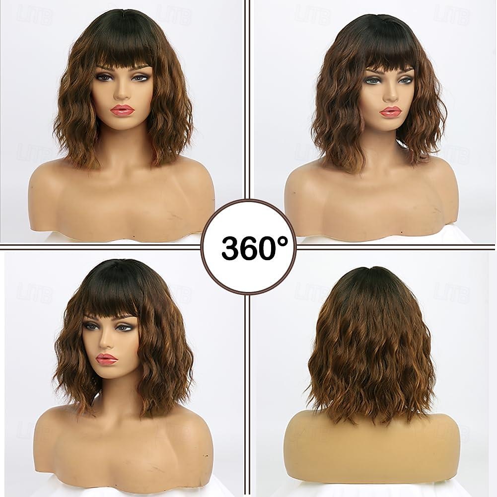 bruin met lichtbruine pruiken korte golvende bob pruik met pony halflang synthetisch haar voor dagelijks feest (12 inch) 2025 - $16.99 –P3