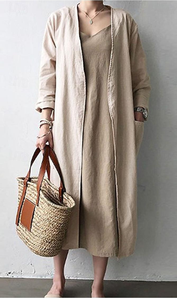 Damen Elegante Staubtücher Elegante Jacken Trenchcoat Büro Arbeit Frühling Herbst Lang Mantel Lässiger Schnitt Moderner Stil Jacken Langarm Einfarbig Einfach Tasche Oversize Hellblau Kaki Grau 2025 - $21.99 –P1