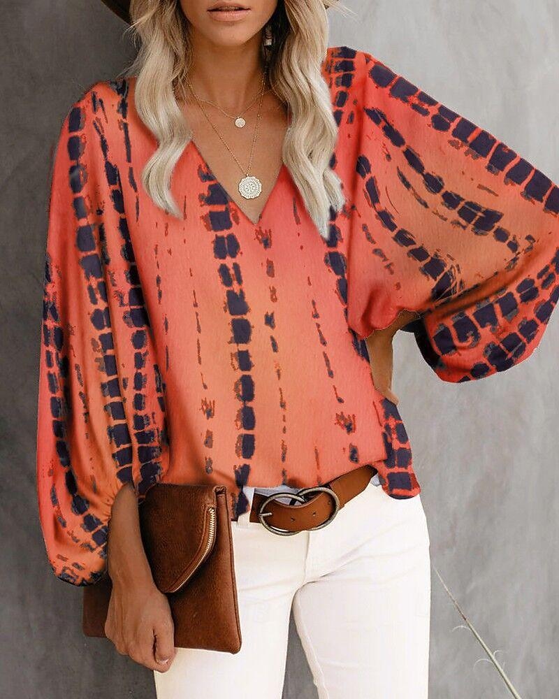 camicetta da donna camicetta casual stampa floreale manica a lanterna manica lunga top regolari scollo a V vacanza quotidiano nero arancione cachi primavera&amp; estate del 2025 a $23.99 -P1