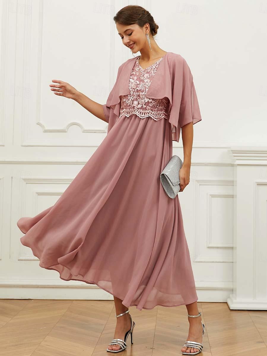 Per donna Abito linea A Chiffon Pizzo Con balze A V Manica corta Vestito longuette Invitati del matrimonio Cocktail party Elegante Da cerimonia Rosa Estate del 2025 a $49.99 –P7