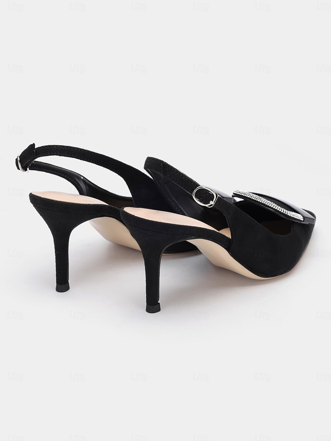 női fekete hegyes orrú slingback sarkú cipő dekoratív csattal - elegáns magassarkú pumpák irodai és esti rendezvényekre 2025 - $59.99 –P4