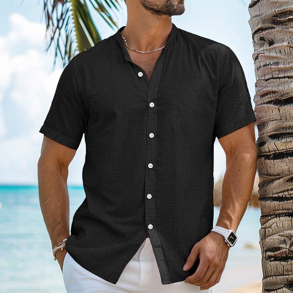 Voor heren Overhemd Linnen overhemd Zomer overhemd Strand Kleding Overhemd met bandkraag Overhemd met knopen Effen Vakantie Curise Zwart Wit blauw Oranje Korte mouw Band Kraag Zomer Kleding 2025 - $22.99 –P7