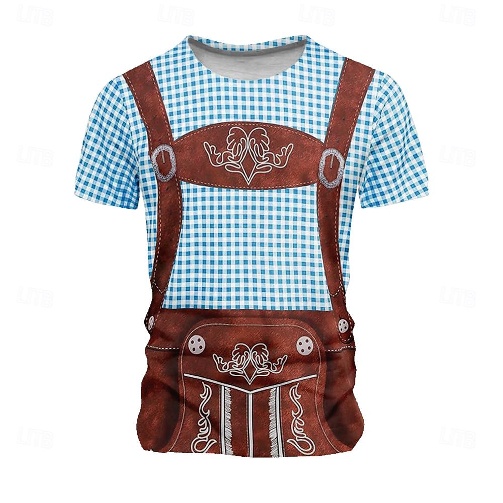 Oktoberfest Voor heren Ruitjes Duitsland dirndls T-shirt Korte mouw T-shirt 3D-afdrukken Strakke ronde hals Overhemd Vakantie overdreven Ontwerper Carnaval Feest Licht Blauw Blauw 1# Blozend Roze 2025 - $15.99 –P7
