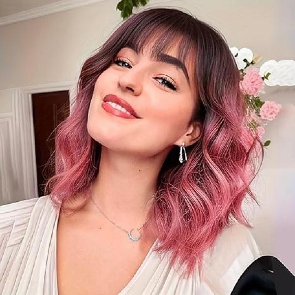 Ombre Braune Perücke mit Pony für Frauen Schulterlange Bob Wellig Charmante Synthetische Perücken mit Natürlich Lockigem Hitzebeständigem Haar Halloween Perücken 2025 - $18.49 –P5