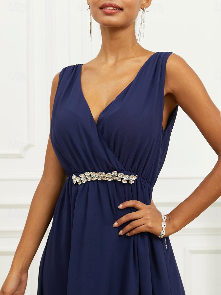 Pentru femei Rochie A line Rochie Maxi Șifon Zdrobit Niveluri Invitat la nunta Petrecere cu cocktail Elegant În V Fără manșon Bleumarin Culoare 2025 - $49.99 –P5