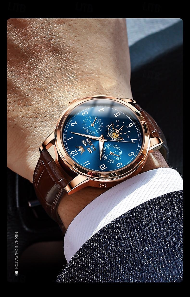 OLEVS Men Mechanical Watch Fashion Business Wristwatch Automatic Self-winding Moon phase Luminous Perpetual Calendar Leather Watch 2025 - $111.99 –P4