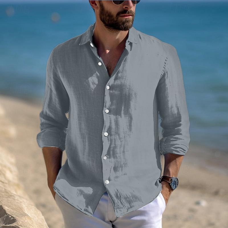 Men's Shirt Linen Shirt Summer Shirt Beach Wear Casual Shirt Button Up Shirt Plain Vacation Casual Black White Pink Blue Long Sleeve Lapel Spring & Summer Clothing Apparel 2025 - $23.99 –P7