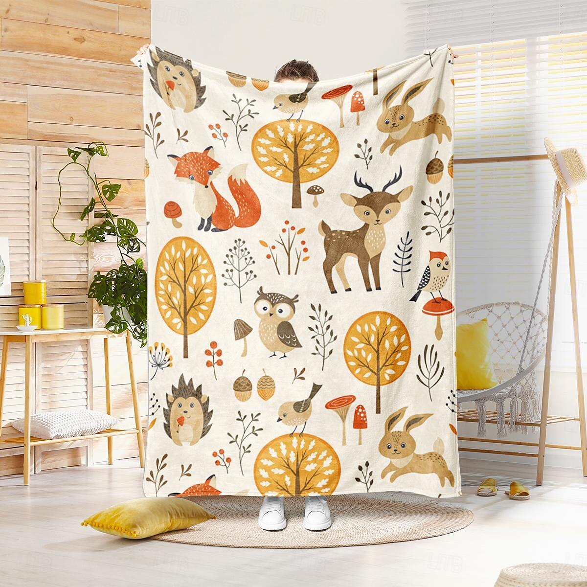 Autumn Animal Flannel Blanket - Soft and Cozy Fabric - Warm and Comfortable Design - Perfect for Fall Home Decor and Snuggling - Ideal for Sofa or Bed 2025 - $27.99 –P7