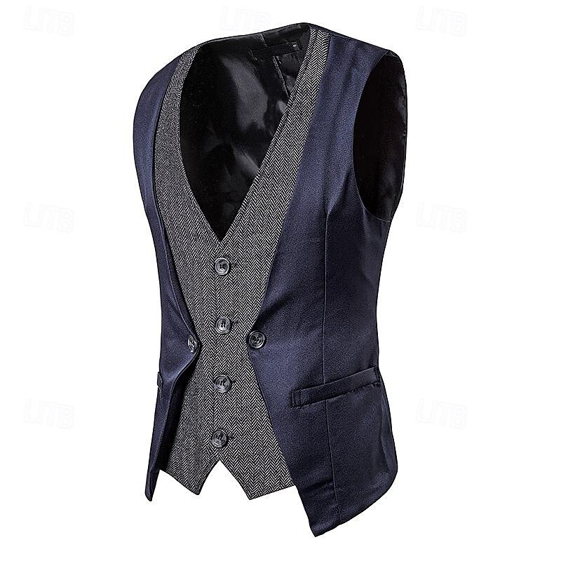 Men's Vest Gilet Wedding Event / Party Daily Fashion Business Spring & Fall Patchwork Button 2 in 1 Polyester Comfortable Color Block Single Breasted One-button V Neck Regular Fit Black Navy Blue 2025 - $29.99 –P3