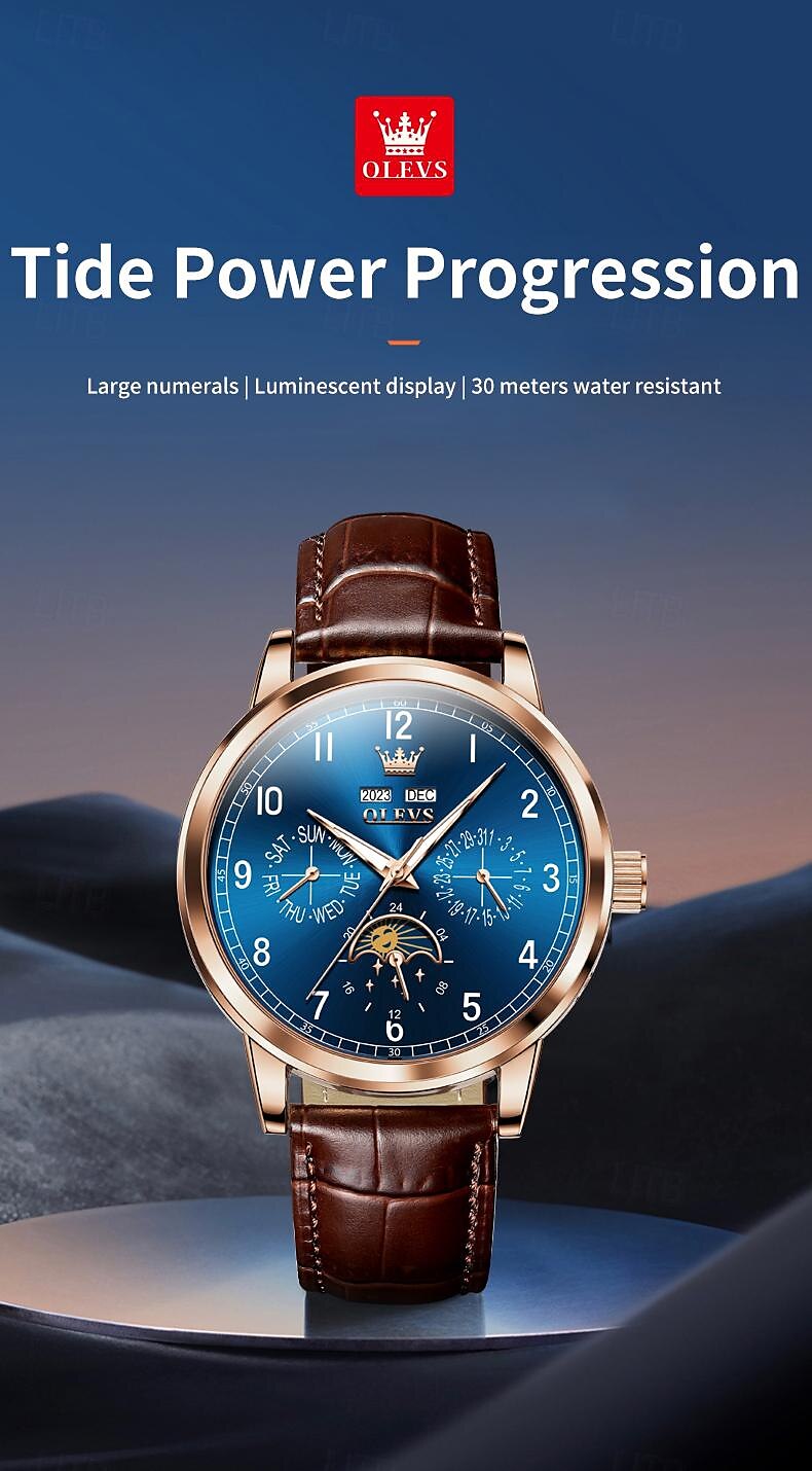 OLEVS Men Mechanical Watch Fashion Business Wristwatch Automatic Self-winding Moon phase Luminous Perpetual Calendar Leather Watch 2025 - $111.99 –P1
